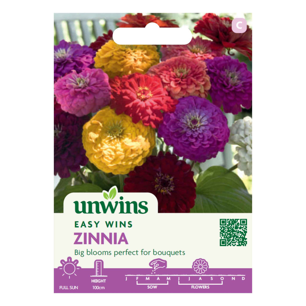 Front of Unwins Easy Wins Zinnia seed packet featuring large, double flowers in shades of yellow, orange, red, pink and purple.